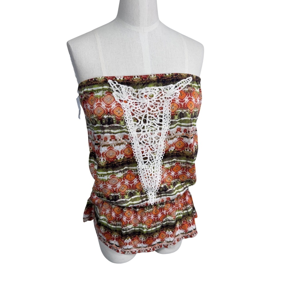 Weavers Boho Crochet Trim Printed Peplum Tube Top Rust Olive Size XL New